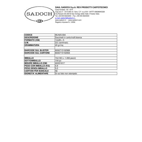 Sacchetti in carta kraft sealing Multicolor 14x28 + 5 cm conf. 100 pz Rex-Sadoch bianco - MLN05BIA